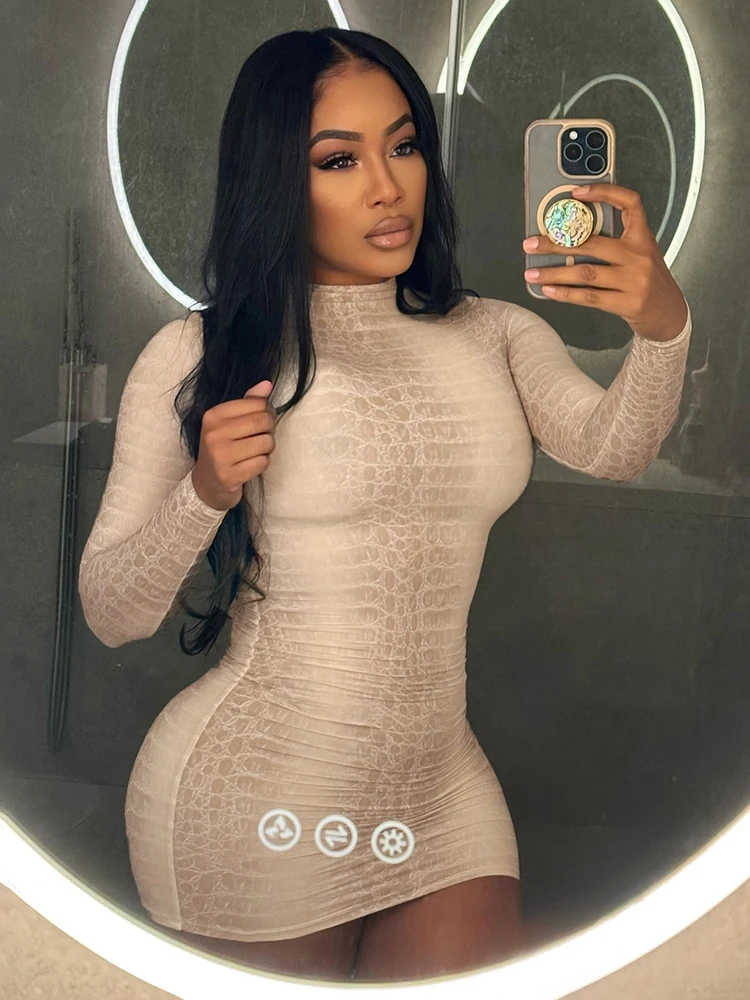 奇妙な猫のようなセクシーなスネーク柄ドレス女性冬のトレンドフルスリーブセクシーなストリートミッドナイトアクティビティストレッチスキニーミニボディコン