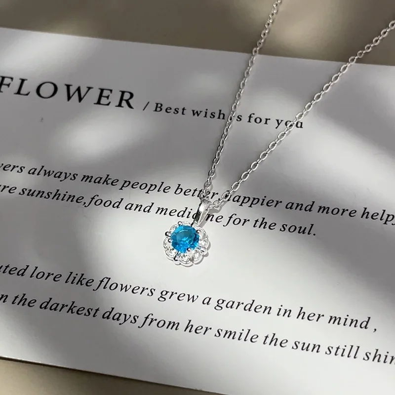 925 فضة الأزرق الزركون كريستال زهرة قلادة قلادة للنساء المختنق سلسلة الزفاف حفلة خطوبة مجوهرات هدية #3