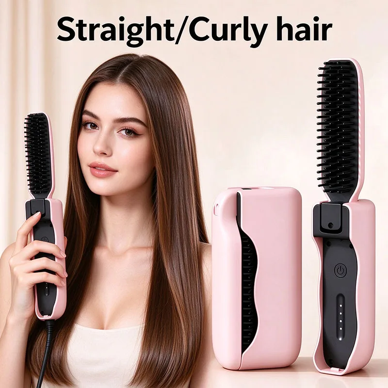 Foldable Wireless Hair Straightening Comb Portable Mini Straightener Brush Dual Use Straight Roll Anti Scald Travel Home Hair St