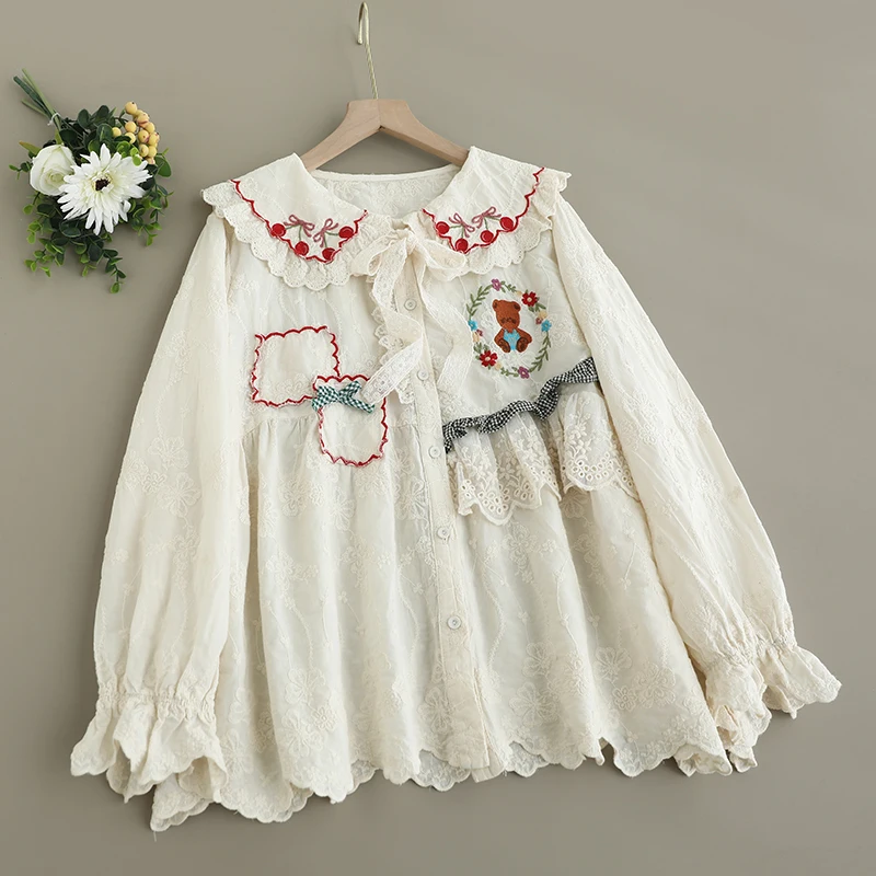 Spring Japanese Sweet Mori Girl Cartoon Bear Cherry Patchwork Cotton Shirts Women Cute Peter Pan Collar Long Sleeve Blouse Tops