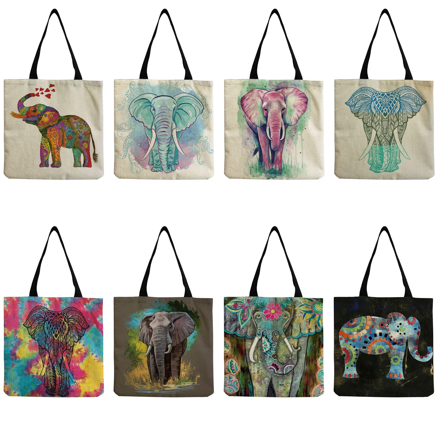 

Colour Painting Art Elephant Print Handbags For Women Animal Tote Bag Foldable Shopping Bags Storage Large Capacity Shoulder Bag