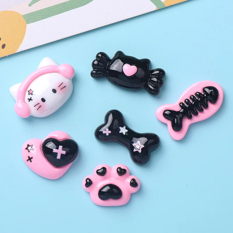 10Pcs New Cute Cartoon Cat Claw, Cat, Candy, Fish Bone Series Flat Back Ornament Jewelry Bows Accessories