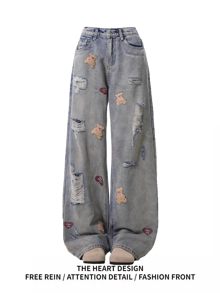 

Джинсовые брюки в стиле ретро в американском стиле с вышивкой и отверстиями, женские летние брюки нового дизайна, свободные прямые широкие брюки длиной до пола