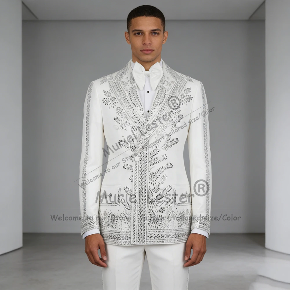 الحصري مجوهرات الأحجار مطرز الدعاوى الرجال سليم صالح مزدوجة الصدر سترة السراويل 2 قطعة مجموعة العريس مأدبة الزفاف البدلات الرسمية 2026 #1