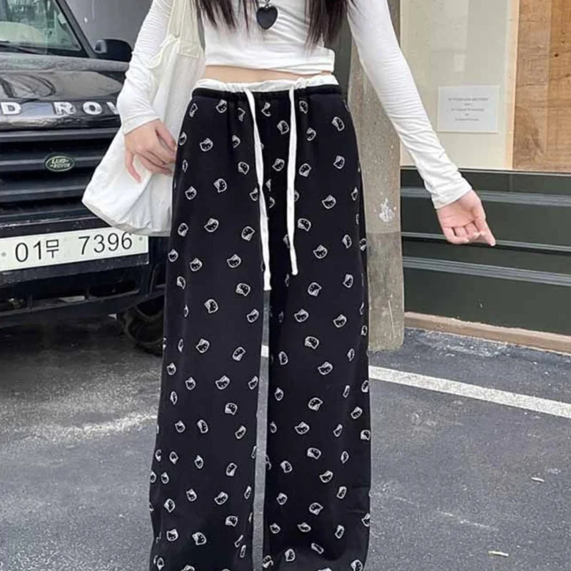 Hello Kitty American Style Print Wide Leg Pants Women\'s Autumn High Waist Loose Casual Pants Korean Version Trend Straight Pants