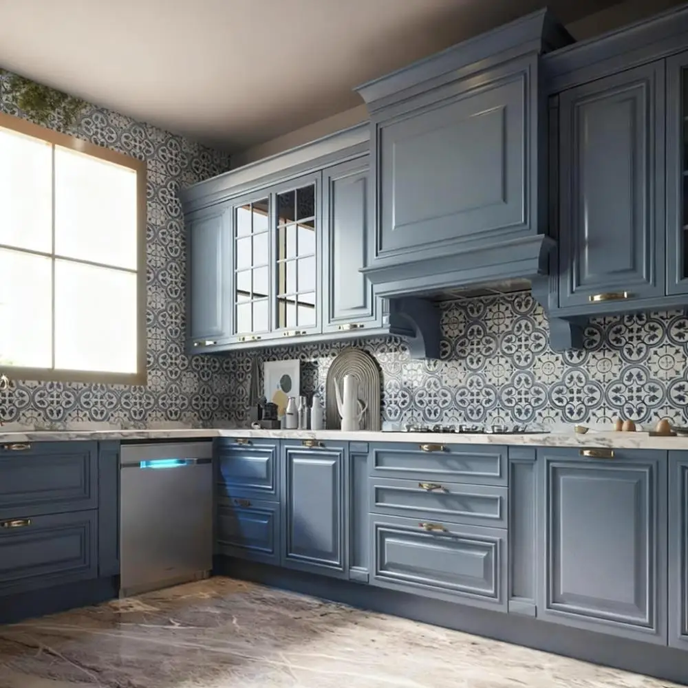 nc-Custom Modern Nordic Blue Solid Wood Shower Cabins Sky Blue Open Kitchen Custom Island Hotel Use Chengdu Overall Space#