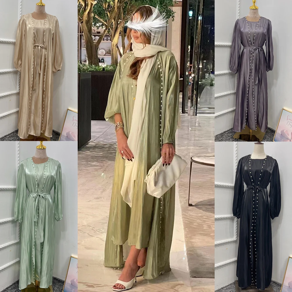 

Eid 2 Pieces Set Dubai Open Kimono Abaya Satin Muslim Women Inner Dress Turkey Kaftan Islamic Party Morocco Arabic Robe Jalabiya