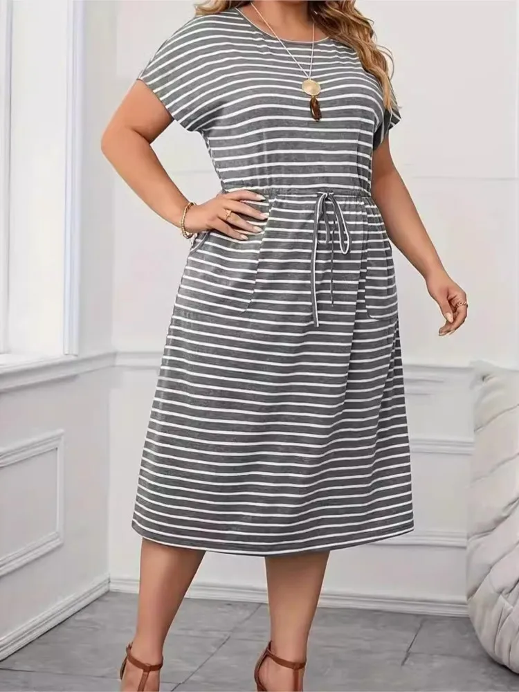 Plus Size Summer Striped Print Midi Dress Women Short Sleeve Casual Fashion Ladies Dresses Loose Pleated Ruffle Woman Dress