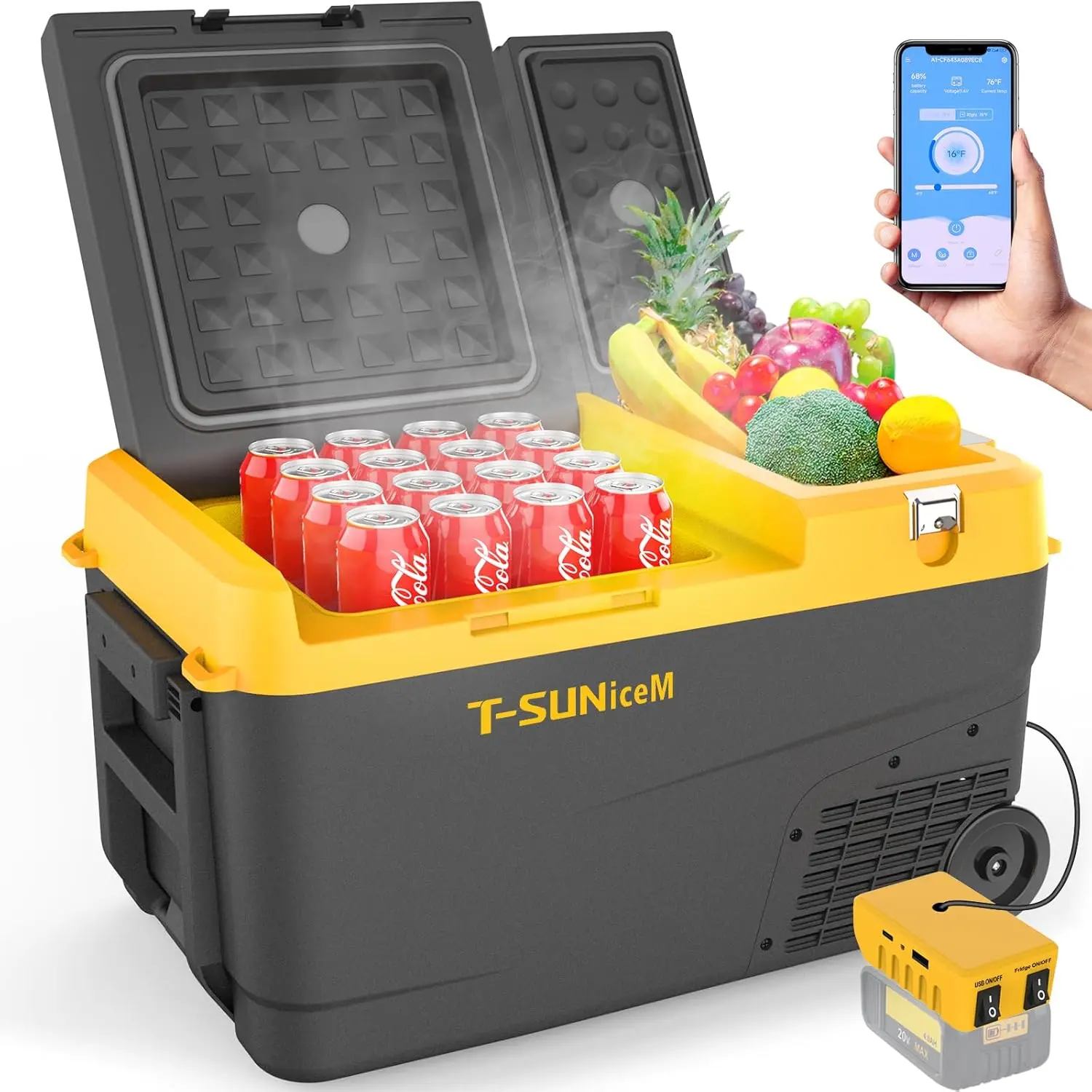 12 Volt Car Refrigerator Compatible with Dewalt 18-20V Battery, Electric Cooler 28 Quart(27L) Dual Zone Portable Refrigerator