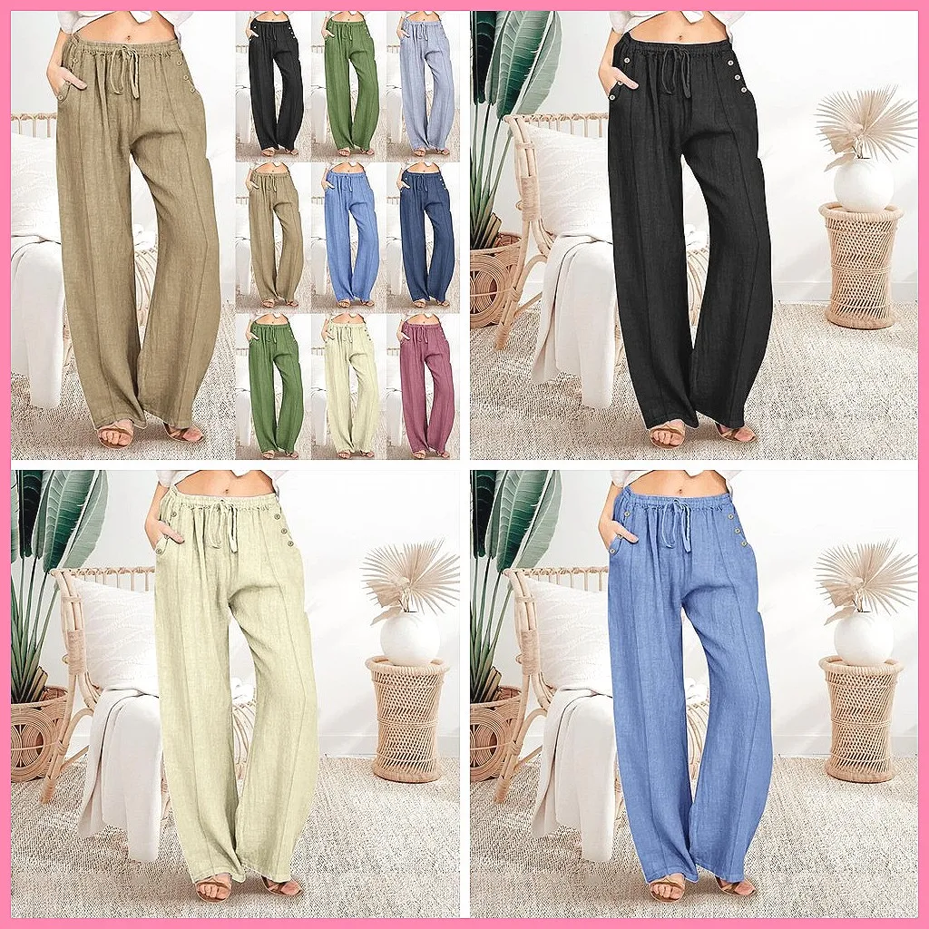 

Women's Linen High Waist Wide Leg Pants, Summer Casual Drawstring Palazzo Trousers with Pockets(Character count: 74)