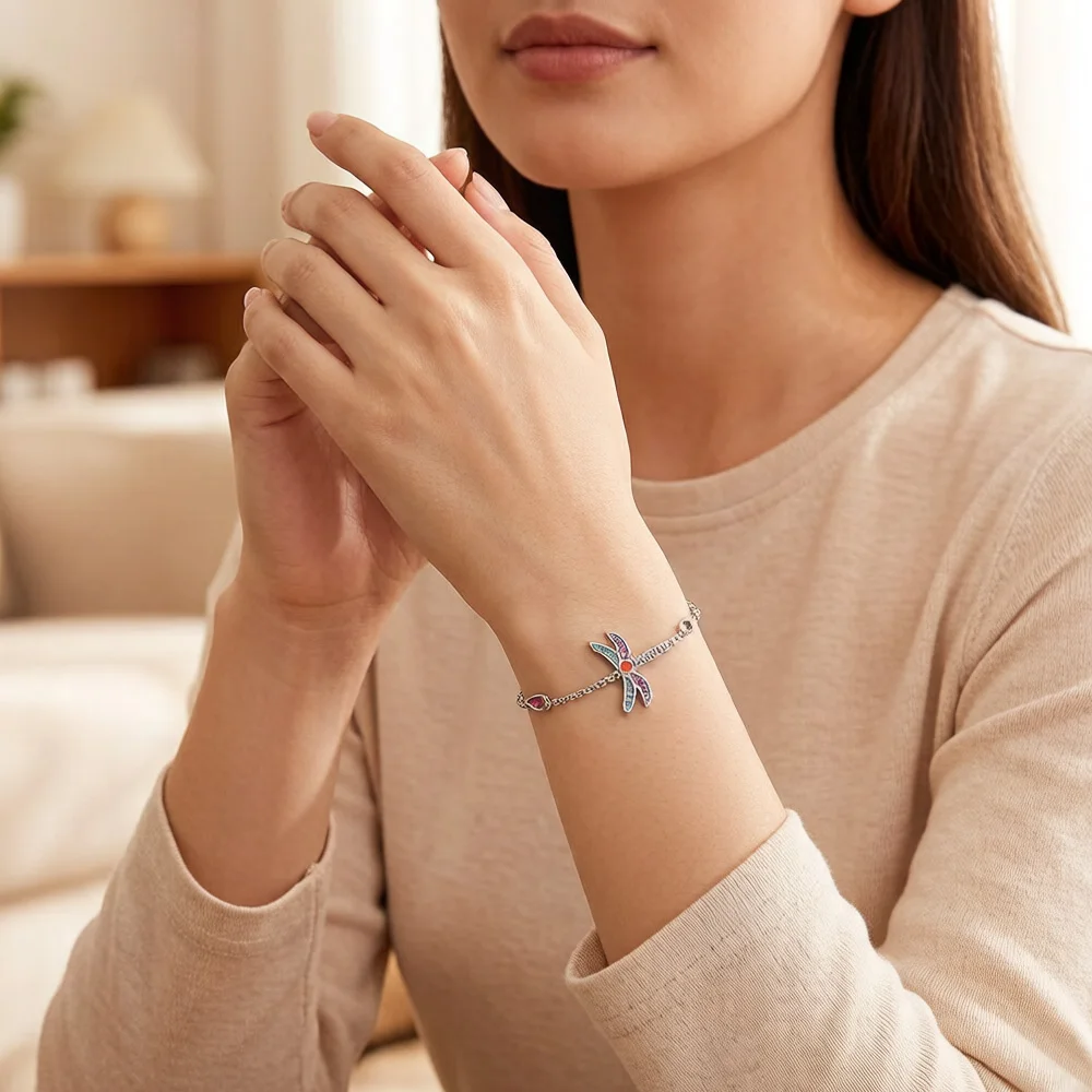 Bracelet Link Chain Colourful Dragonfly Pure 925 Sterling Silver Bohemia Jewelry Europe Women Gift