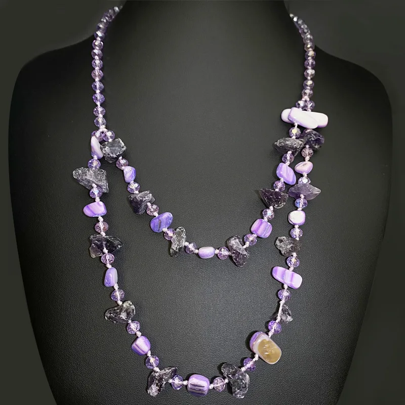 

Purple gemstone double-layer hanging chain sweater chain necklace niche design generous style fashion
