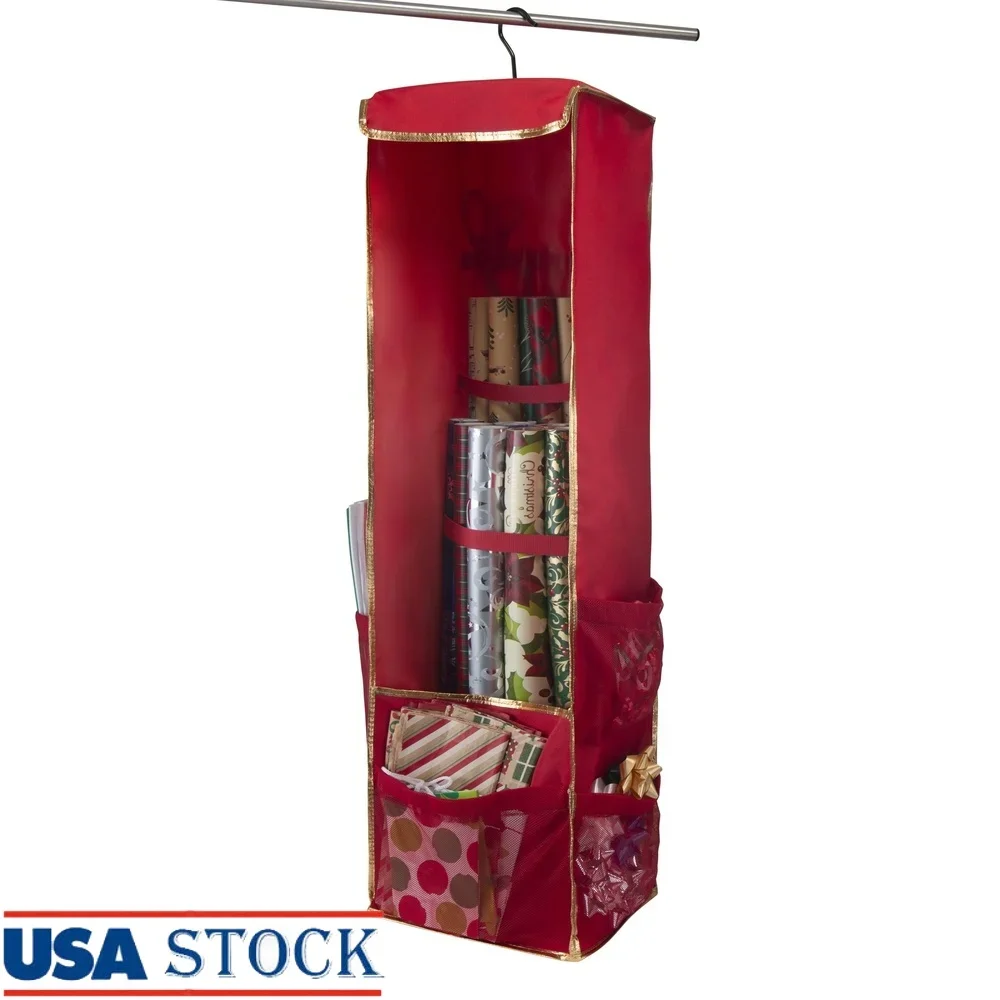 

Hanging Christmas Gift Wrapping Organizer Storage Polyester with Mesh Pockets Large Rolls Bows Tools Closet Space Saver