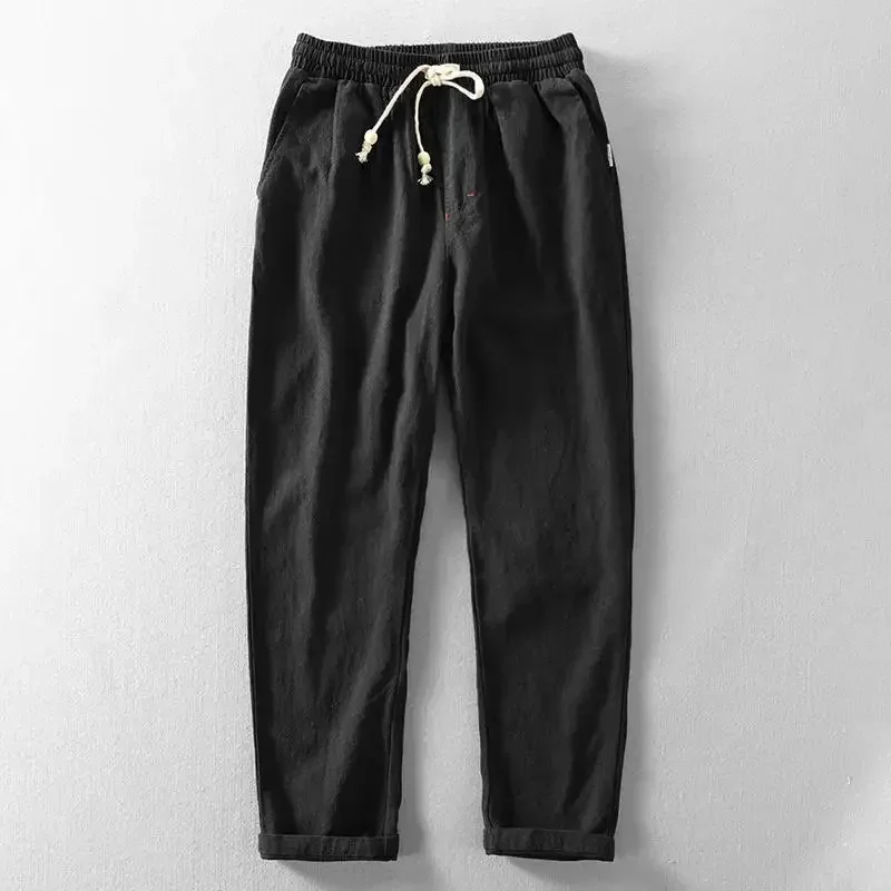 Casual Pants Man Straight Linen Black Trousers For Men Wrinkle Baggy Fashion Korean Style Sale Harajuku Trend Cotton Summer Hot