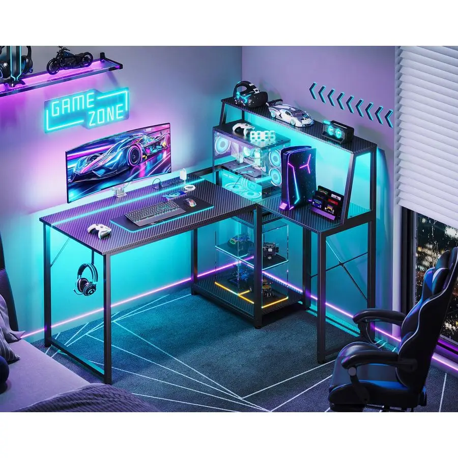 45 Inch L Shaped Gaming Desk with Power Outlet amp LED Lights, Computer Table with Corner Desktop Showcase for CPU Stand, Displ