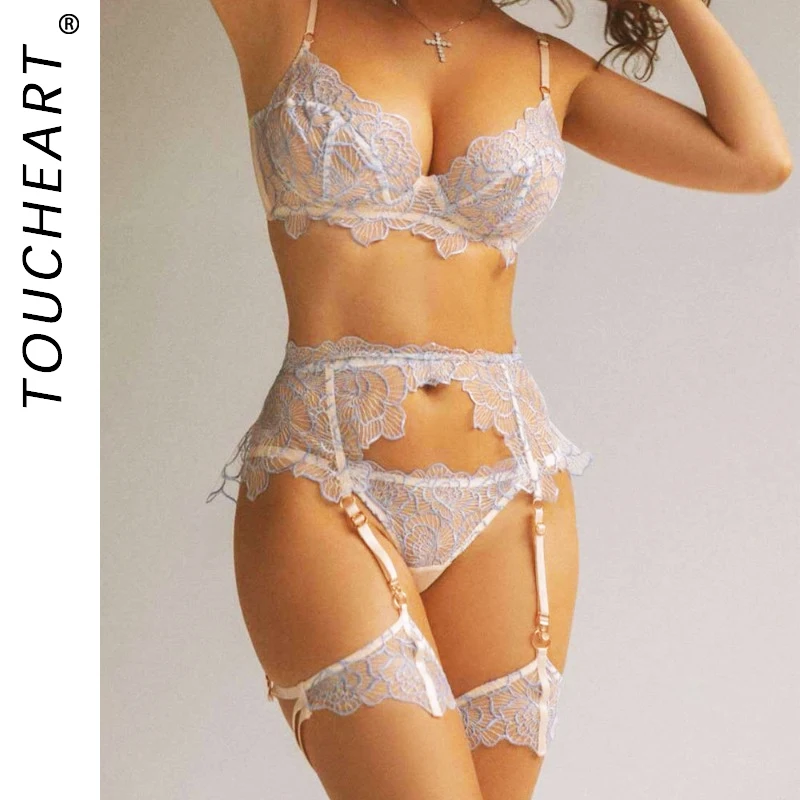 Toucheart 3-Piece Set Sexy Interesting Underwear Set For Women Sexy Flower Lace Mesh Splicing Transparent Garters Sexy Lingerie