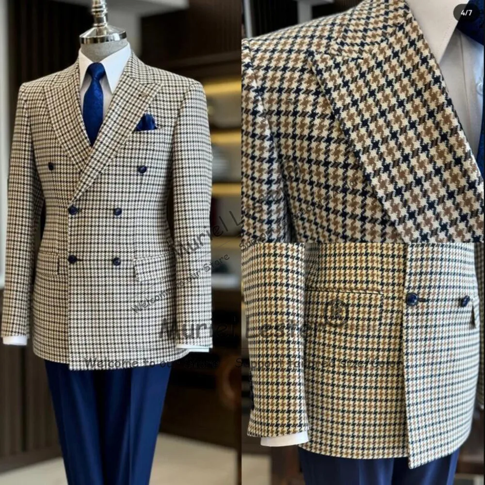 

Классический клетчатый костюм в клетку, мужской комплект из 2 предметов, двубортный пиджак с узором «гусиные лапки», брюки, мужские наряды для деловых вечеринок по индивидуальному заказу