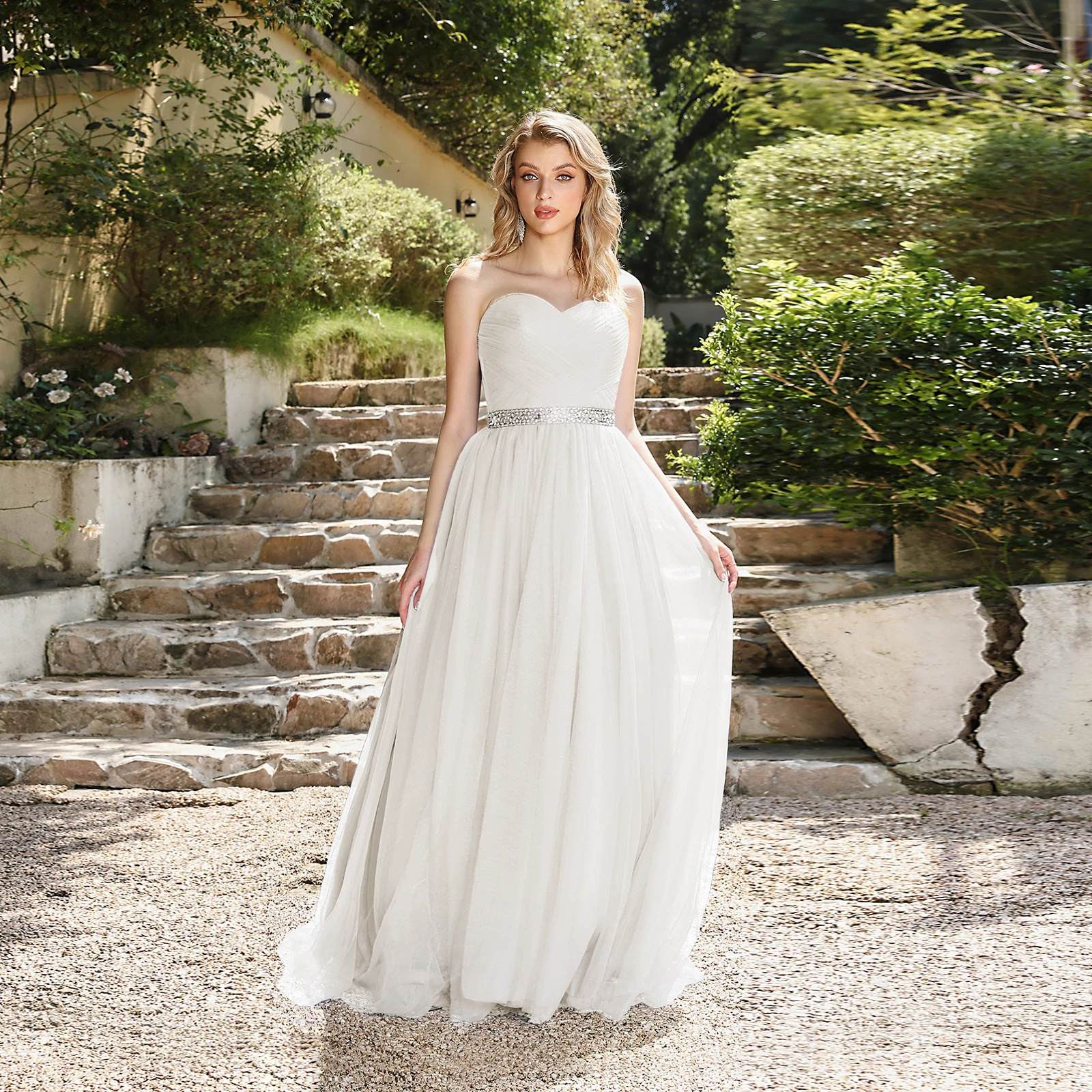 

BABYONLINE Wedding Dress with Beaded Waist & Flowing Tulle Skirt - Sweetheart Neckline Gown for Bride - Garden Romance Style