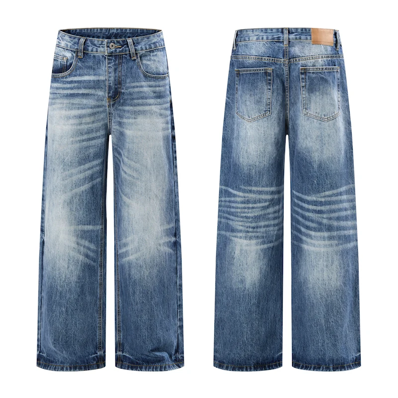 

Retro Men's Washed Denim Jeans Light Blue Whisker Pattern Loose Wide Leg Casual Streetwear Denim Floor Length Pants