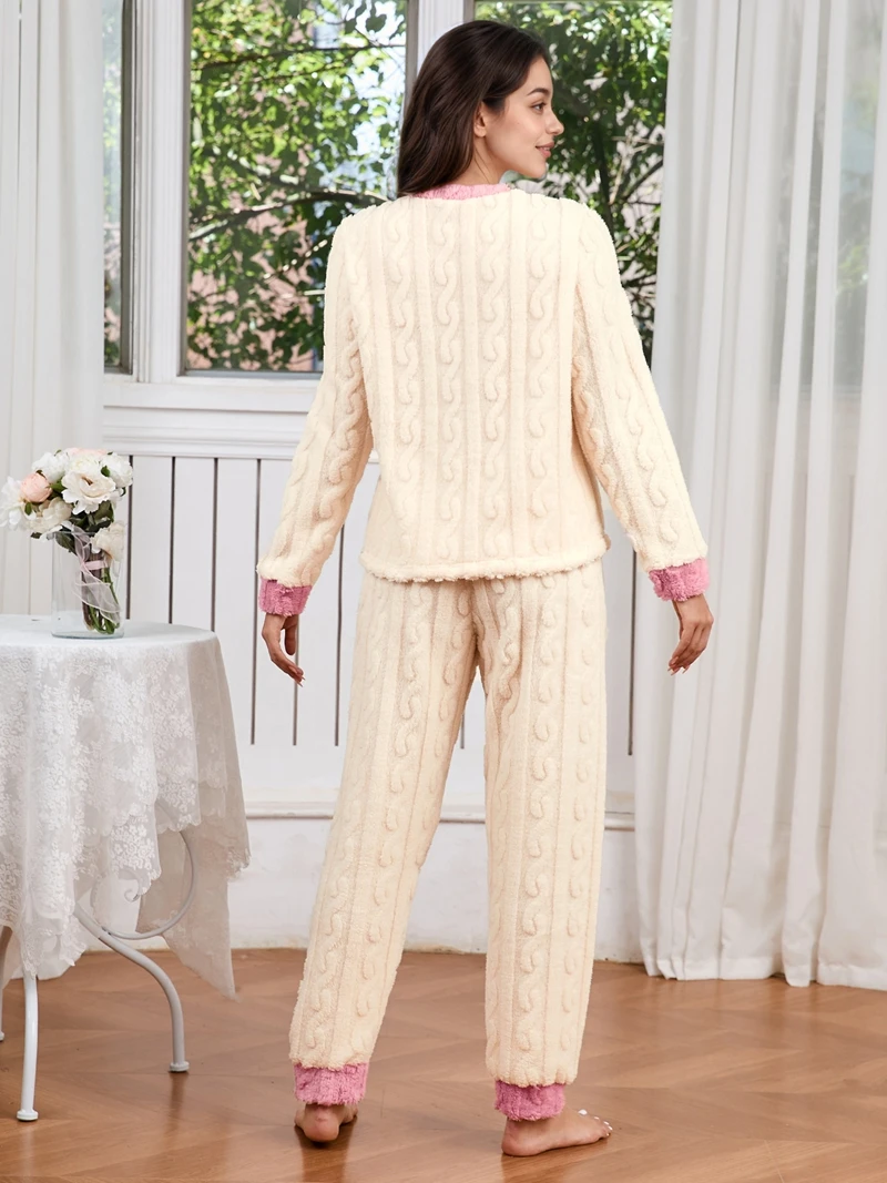 Conjunto de salón liso y acogedor para mujer, Top y pantalones de manga larga con cuello redondo, tela transpirable, ropa de dormir cómoda y relajada para el hogar