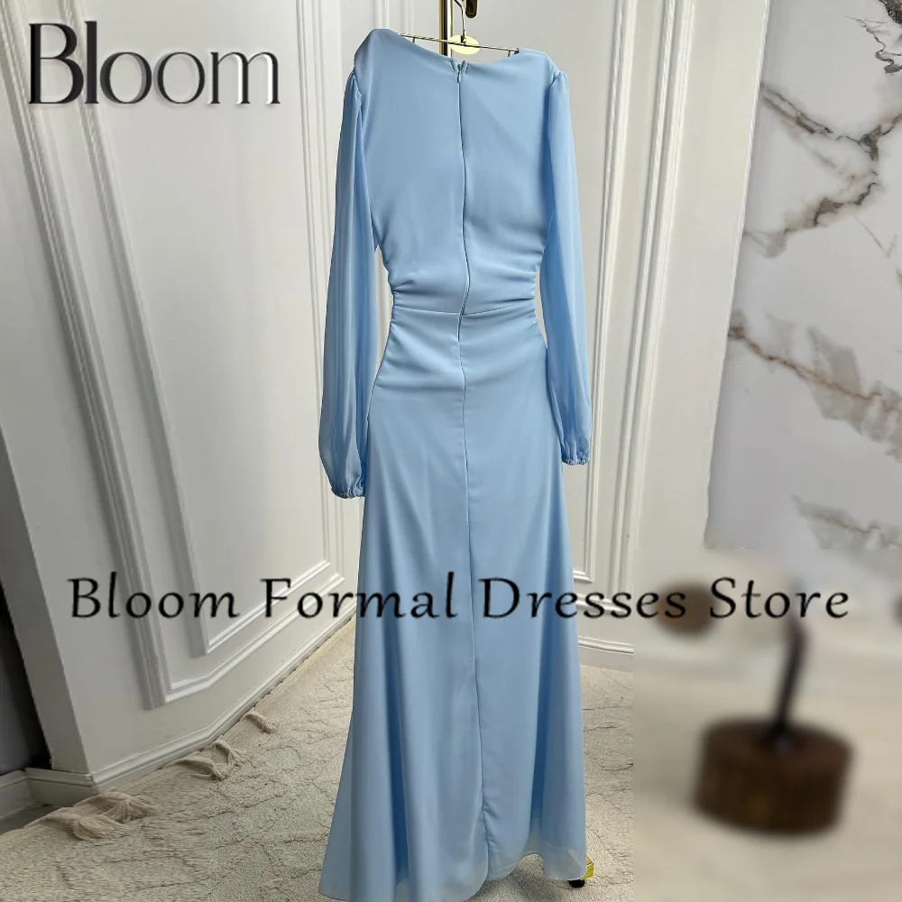 Bloom Solid Blue Long Sleeves 3D Flowers Zipper Back Chiffon Floor Length Straight Saudi Arabia Evening Gowns pleats Woman