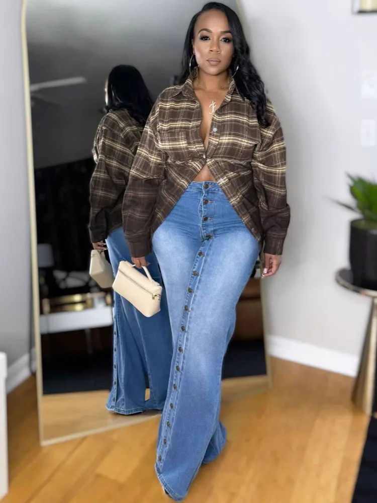 Fashion Retro Women's Multi Button Straight Leg Denim Pants 2025 Spring New High Waisted Wide Leg Pants High Street Female Jeans