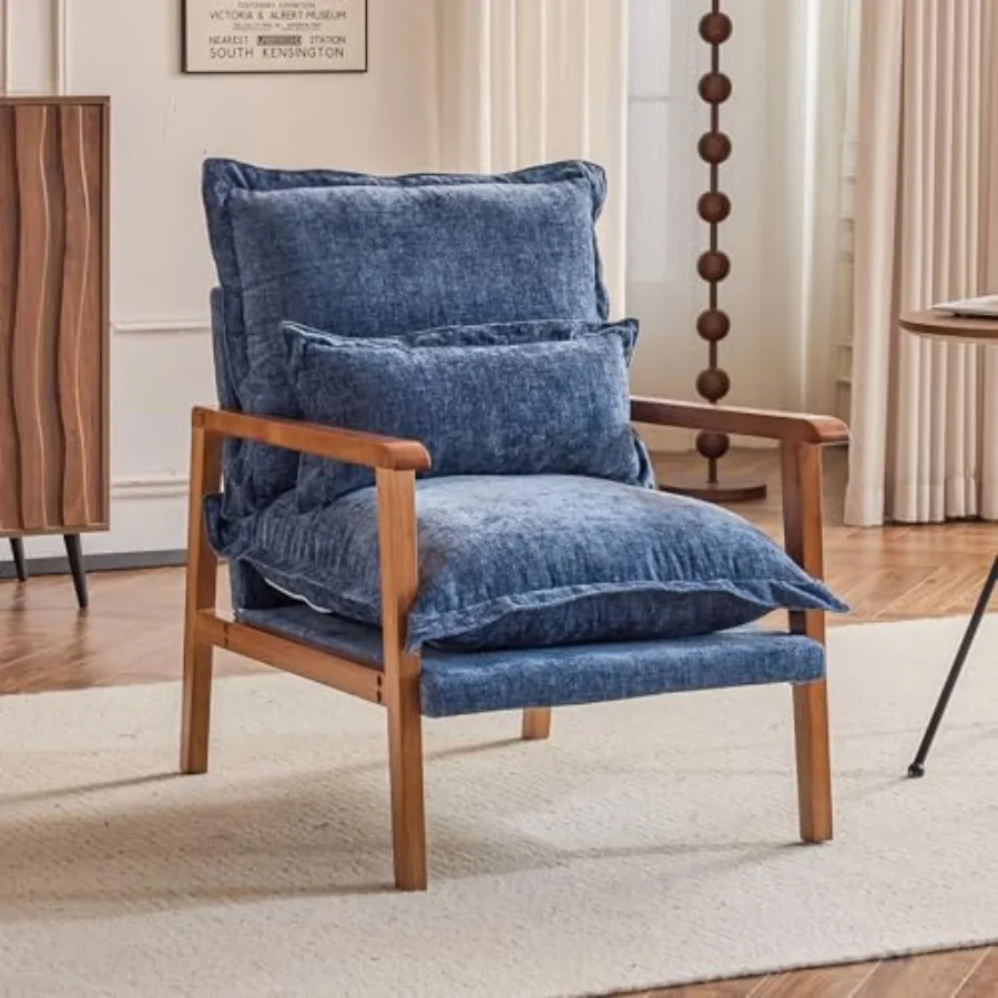 

Mid-Century Modern Cloud Accent Armchair with Lumbar Pillow 6.3'' Thick Seat Cushion Comfy Reading Chair with Wooden Armrests B