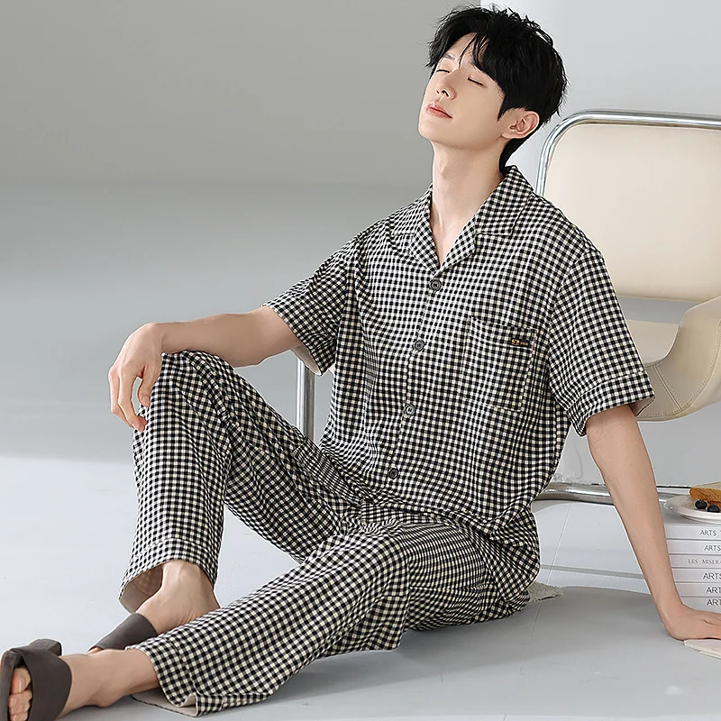 

New 100% Cotton Men Short Sleeve Pajamas Set Male Turn-down Collar Nightwear