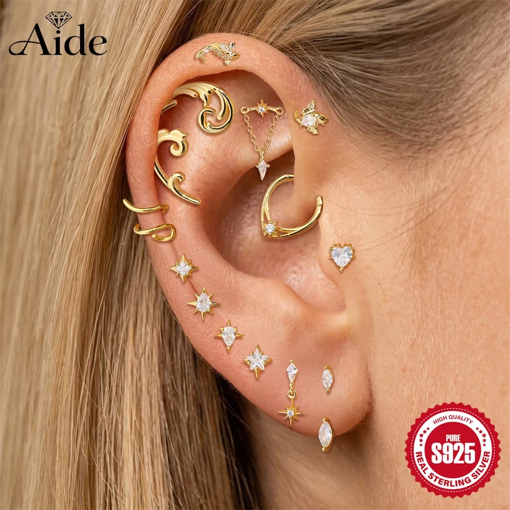 

AIDE 925 Sterling Silver Smooth Gothic Wave/Serpentine/Star Internal Thread Piercing Earring INS Personalities Gifts
