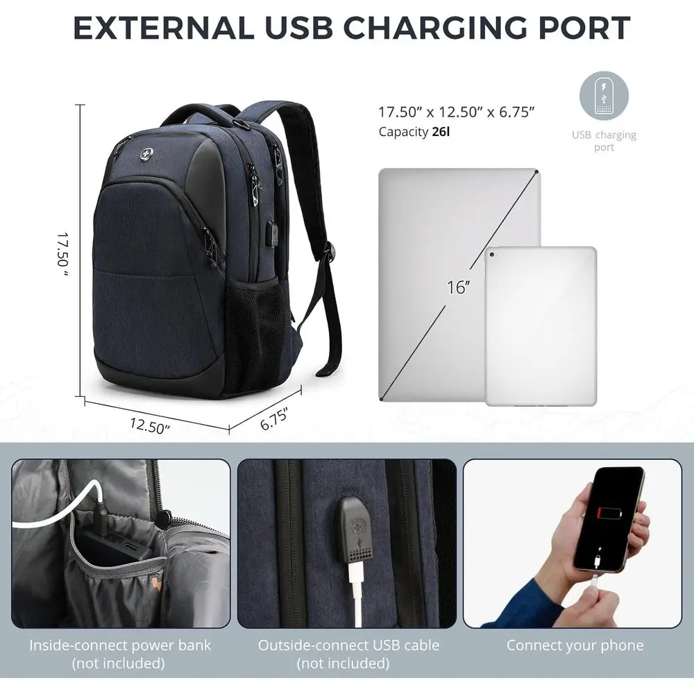 Mochila de Viagem para Laptop Design para Homens e Mulheres, Mochila BusinBackpack com Porta de Carregamento USB ou para Notebook de 16 Polegadas, Azul |   SD1670-12