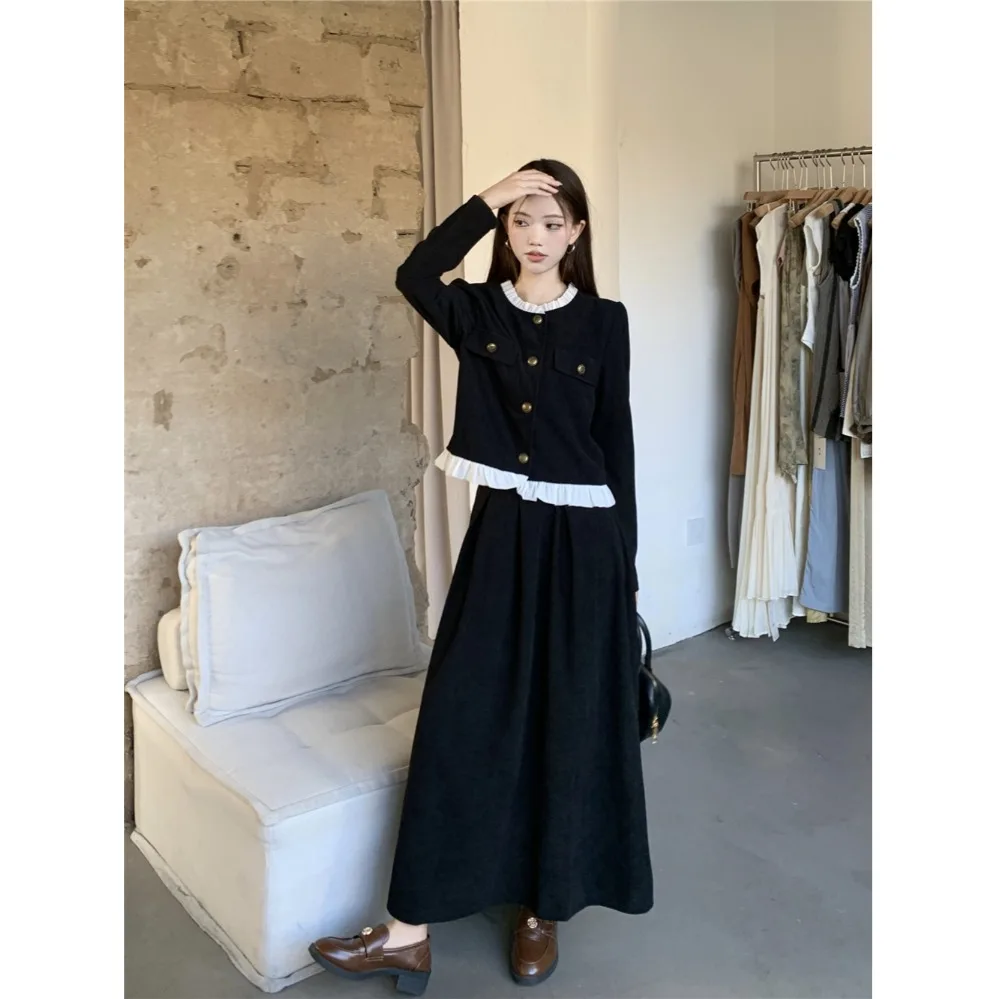 

Spring Autumn Fashion Set For Ladies Simple Single Breasted Round Neck Top Loose Casual Ankle Length Female Skirts