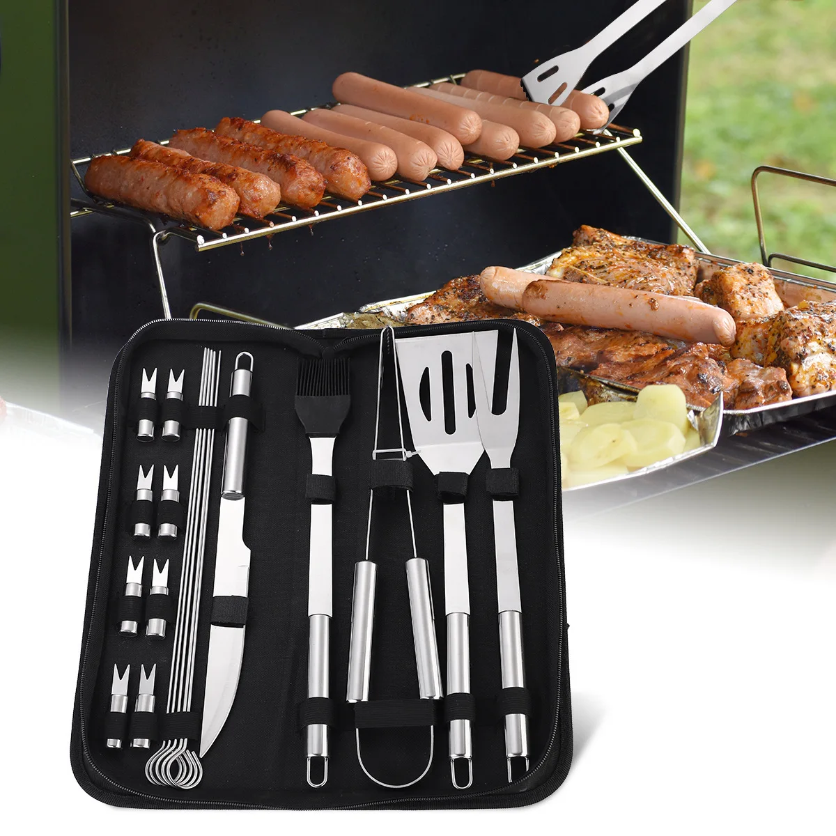 

Outdoor Camping BBQ Tong Spatula Corn Holder Fork Knife Basting Brush Skewer Turner Tool Set Portable Kitchen Barbecue Tableware