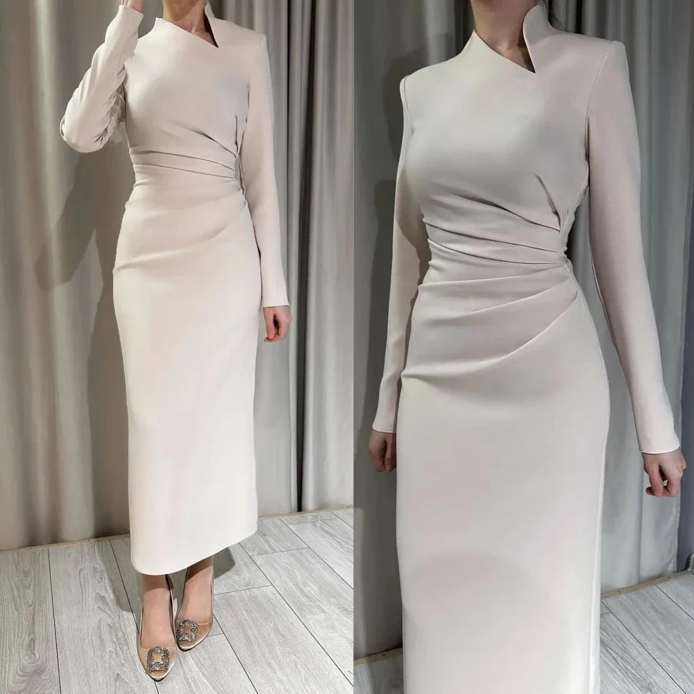 Jiayigong Exquisite	Fashion Satin Pleat Engagement Sheath High Collar Bespoke Occasion Gown Midi Dress