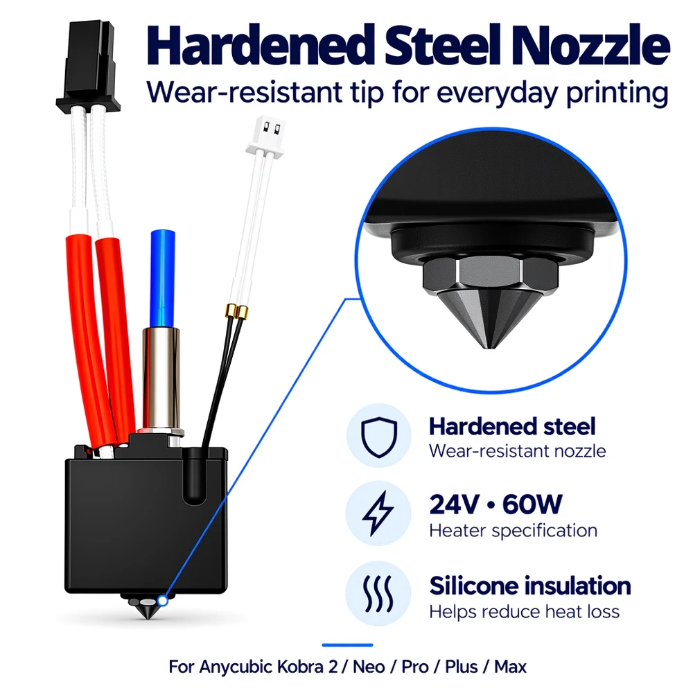 Hotend Kit for Anycubic Kobra 2 Kobra 2 Neo Pro Plus Max 24V 60W Hardened Steel Nozzle Replacement 3D Printer Parts