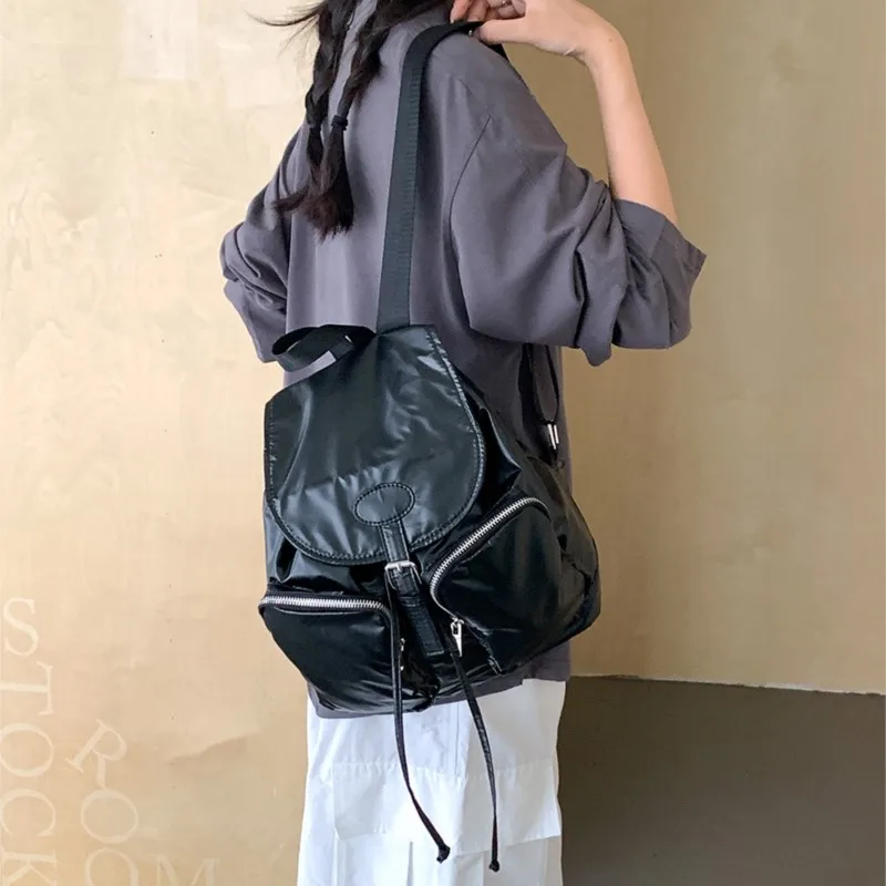 2024 New Casual Silver Backpack Women Korean Flip Drawstring Large Capacity Backpacks Fashion Simple Travel College Student Bags