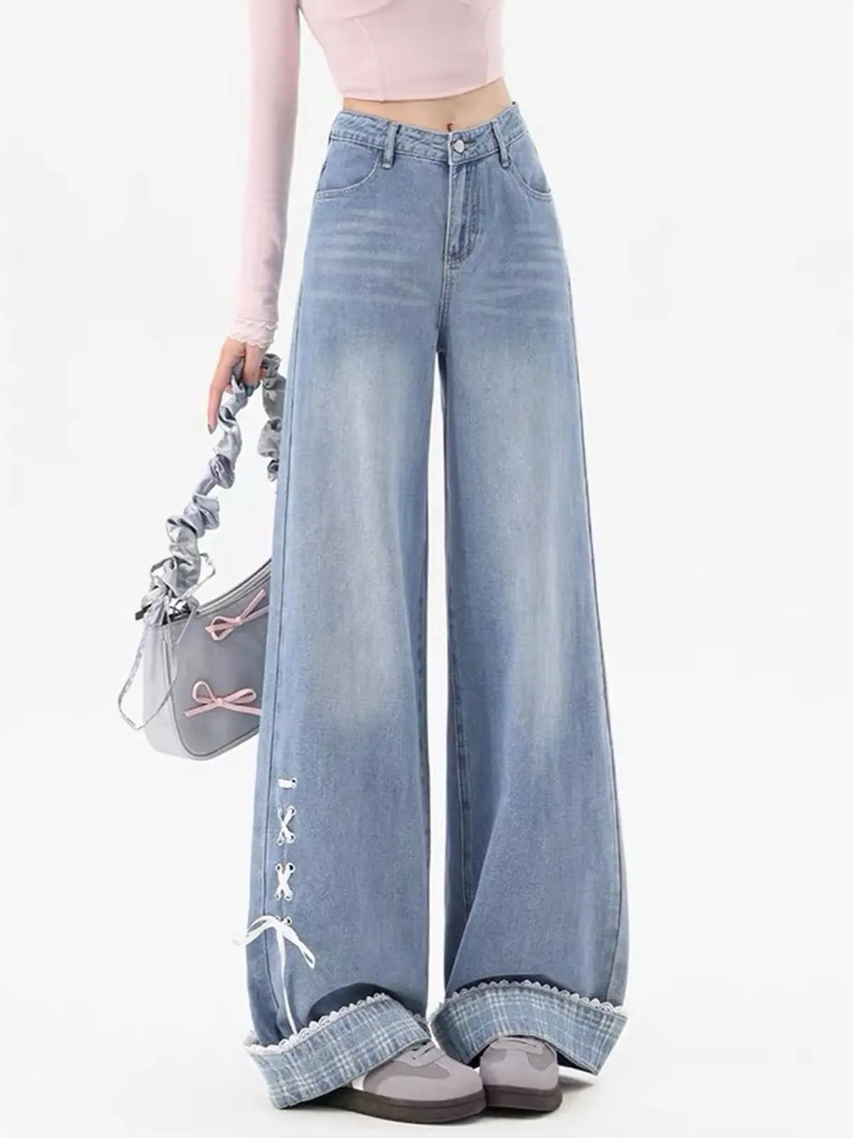 Bow Tie Cuff Rolled Hem Straight Wide Leg Jeans Women Spring 2026 New Designer Loose Casual Trousers
