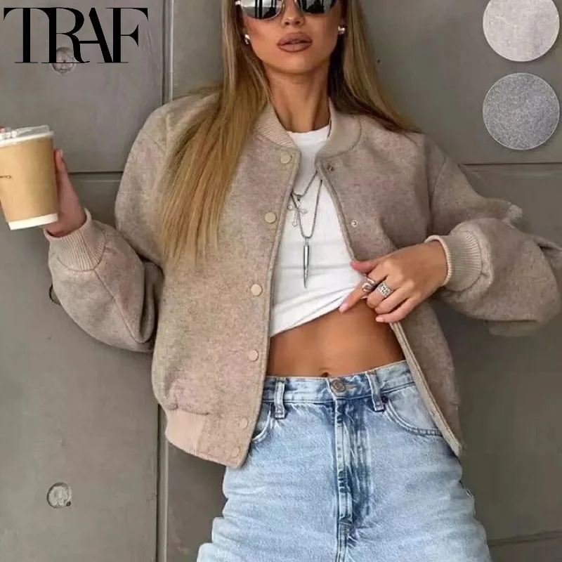 TRAF Cropped Bomber Jackets For Women Autumn Long Sleeve Baseball Jacket Woman Fashion Winter Button Aviator Jackets Streetwear