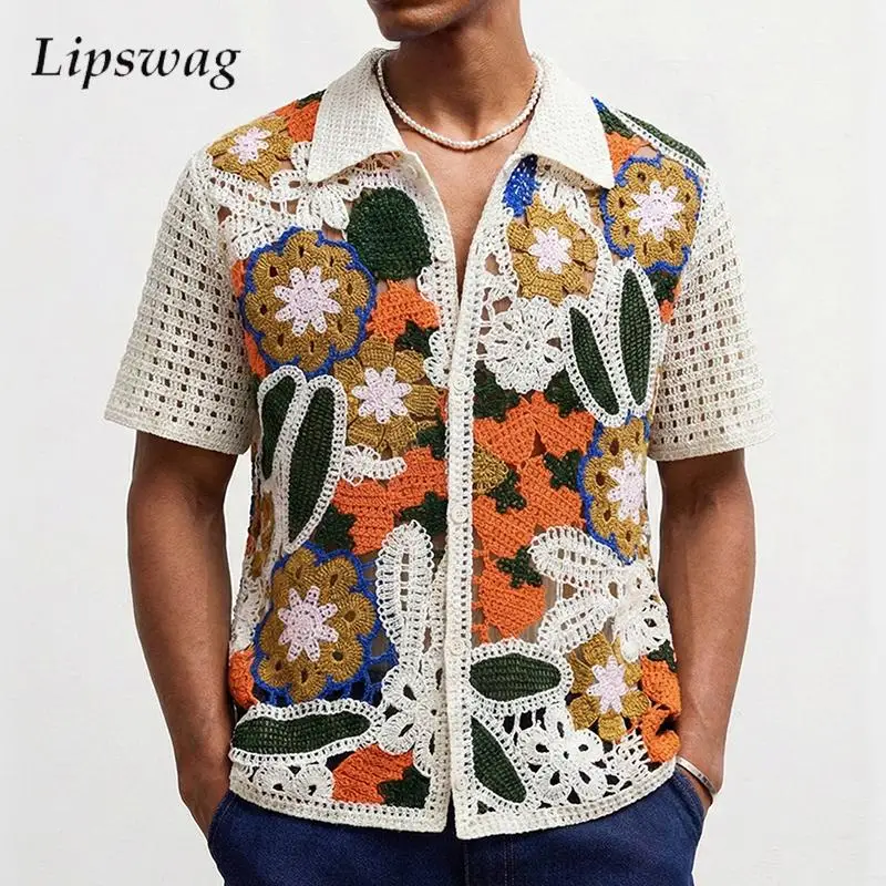 

Vintage Florals Embroidery Knit Shirts Mens Summer Casual Breathable Hollow Out Knitting Cardigans Men Beach Fashion Shirt Tops