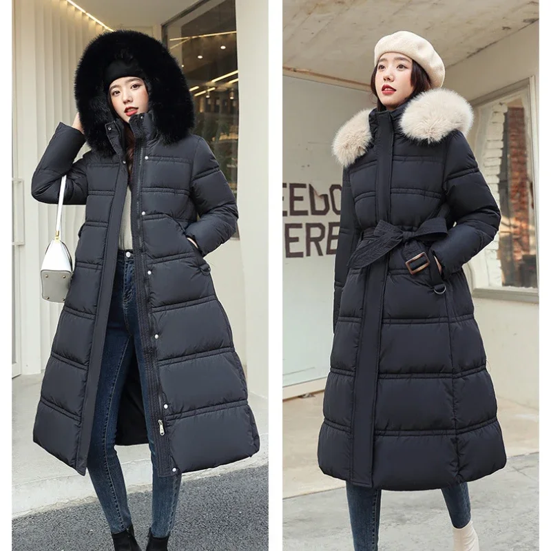 2024 Winter New Down Cotton Parkas Jacket Women\'s X-Long Faux Fur Collar Padded Jacket Thick Loose Large Size Padded Jacket