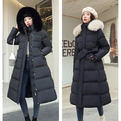 2024 Winter New Down Cotton Parkas Jacket Women's X-Long Faux Fur Collar Padded Jacket Thick Loose Large Size Padded Jacket