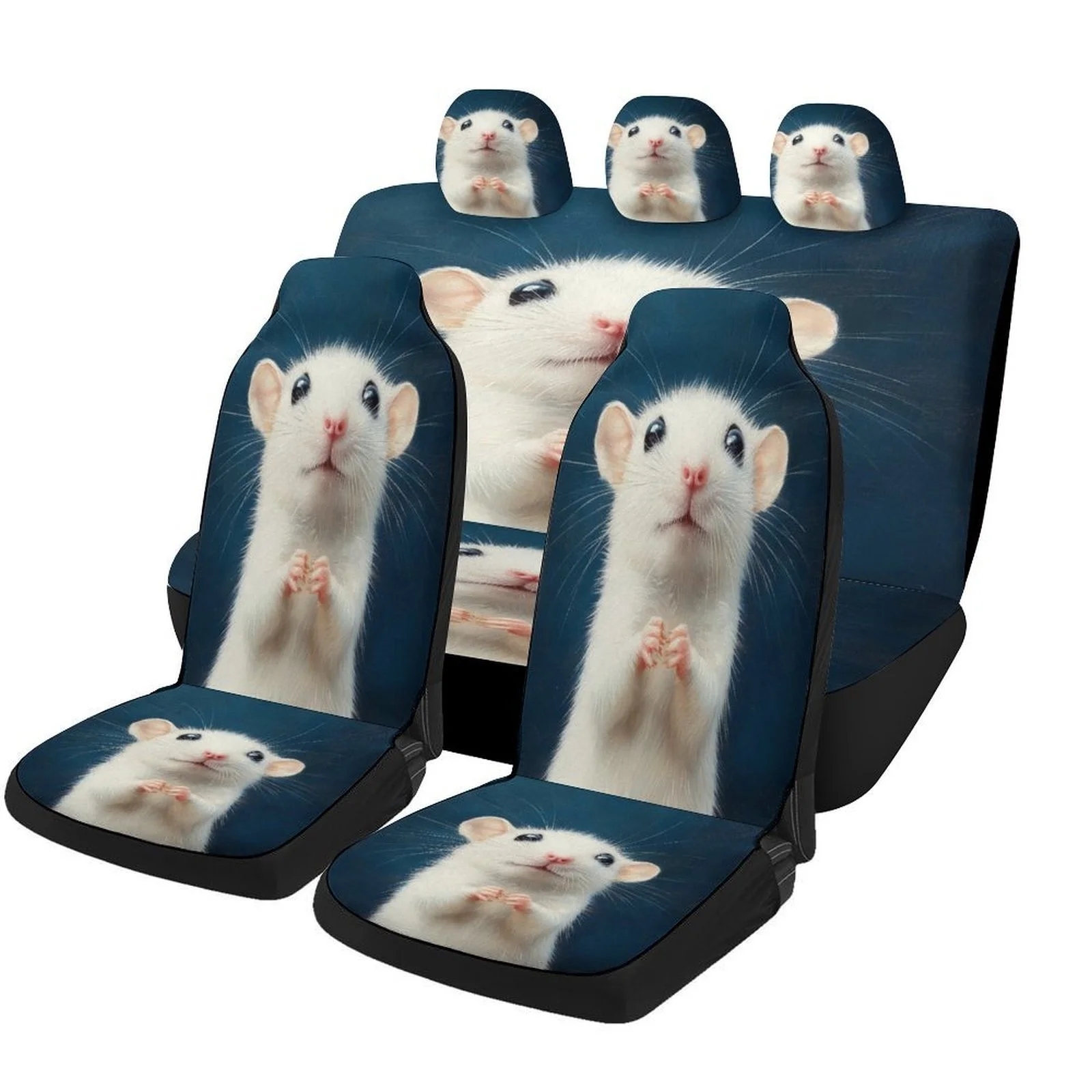 White Mouse Portrait Themed Car Seat Covers Set For Most Cars, Fashionable Decorative Car Seat Protector Covers Full Set, Univer