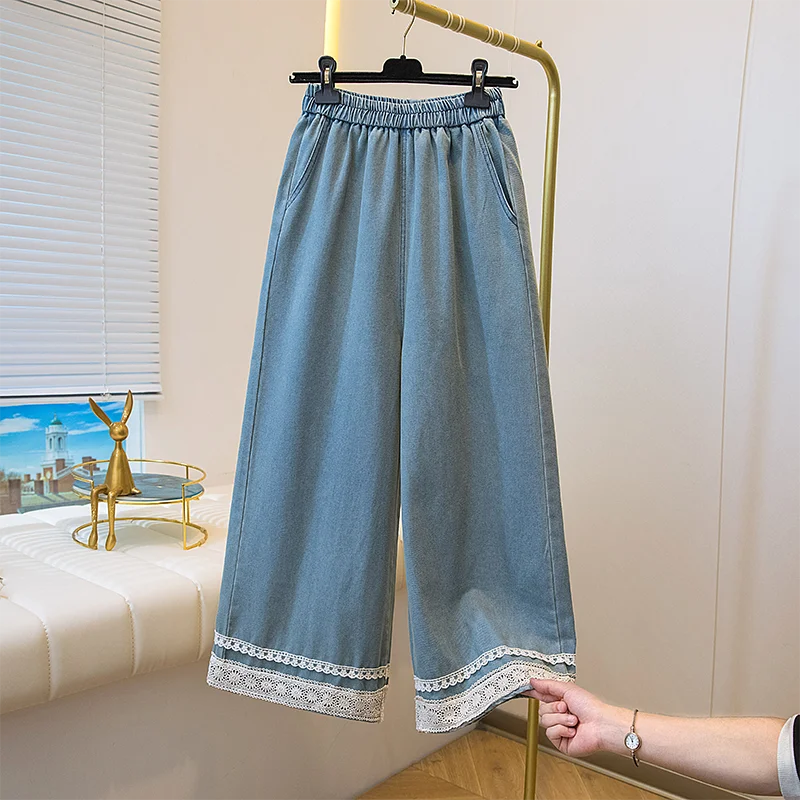 

Light Blue Plus Size Wide Leg Straight Cropped Pants Loose Women's Denim Jeans Lace Trim Elastic Waist Jeans for Women