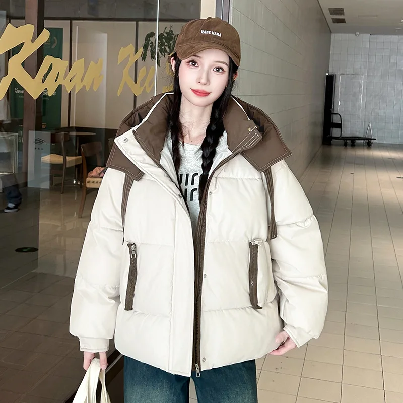 Chaqueta con capucha de invierno de retales de Color contrastante coreano para Mujer, Parkas cortas hinchadas que combinan con todo, abrigo de algodón cálido a prueba de viento para Mujer