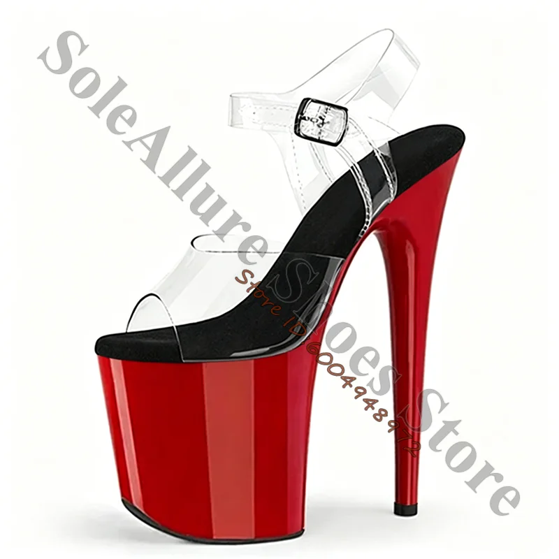 Clear PVC Ankle Strap Platform Sandals Burgundy Suede Insole Super Thin Stiletto Shoes Exotic Pole Dance Stage Performance Heels