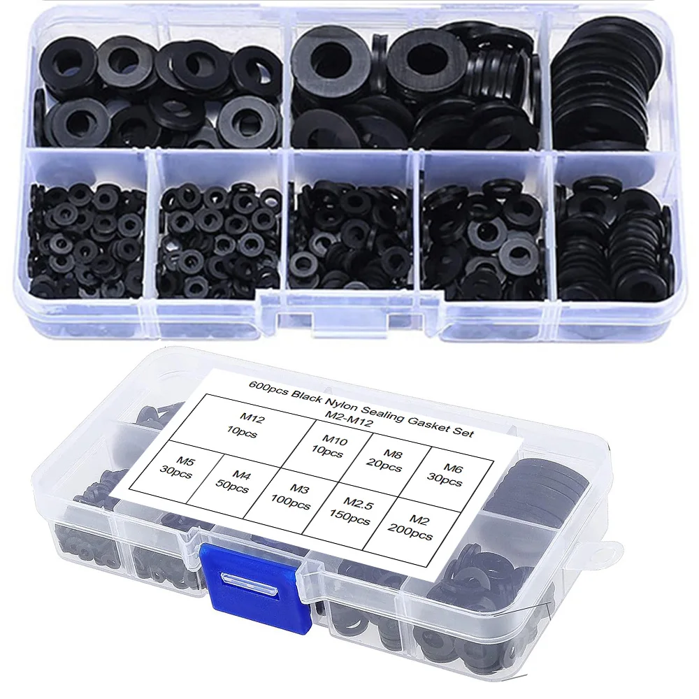200/600-Piece Set of Black Nylon Gaskets, M2-M12 Round Nylon Gaskets, Suitable for High Temperature and Dielectric Insulation.