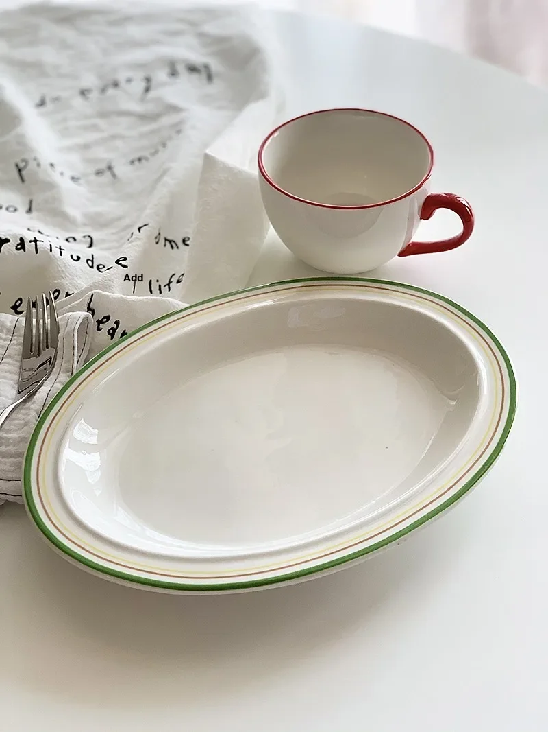Anmuli Ceramic Dining Plate Restaurant Style Home Use Oval Shape Stripe Pattern Korean Version Glazed above Color Process