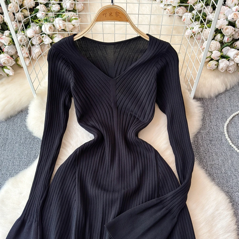 sweet Basic Long Sleeve v neck Slim Pencil Dress Vintage Party Korean Fashion Knit Vestido Women Autumn dresses