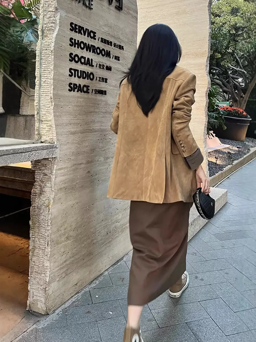 Retro-Anzugmantel aus Nubuk-Wildleder für Damen, 2025, Herbst-Winter, echte Kuh-Wildlederjacke, Vintage-Kaffee, übergroße Jacke, Oberbekleidung