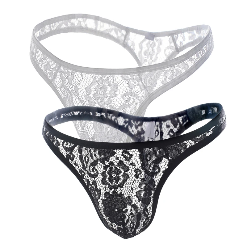 New Men's Thong Sexy Underwear Transparent Lace Middle Waist Lingerie G String Panties Pouch Convex Seamless Briefs Mens