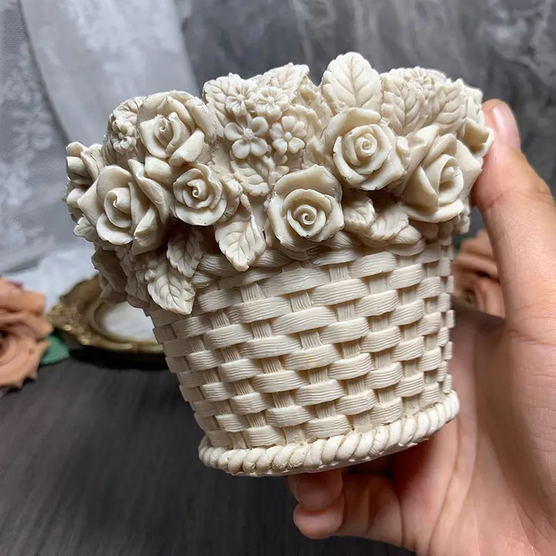 Rose Basket Silicone Mold Concrete Candle Vessel Mold Rattan Basket Cement Flower Pot Mould Plaster Pen Holder Vase Mould